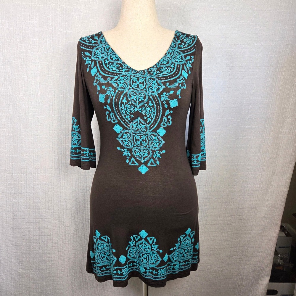 Ad Hoc Brown Mini Dress Turquoise Embroidered Cotton Knit Bohemian‎ Women's S